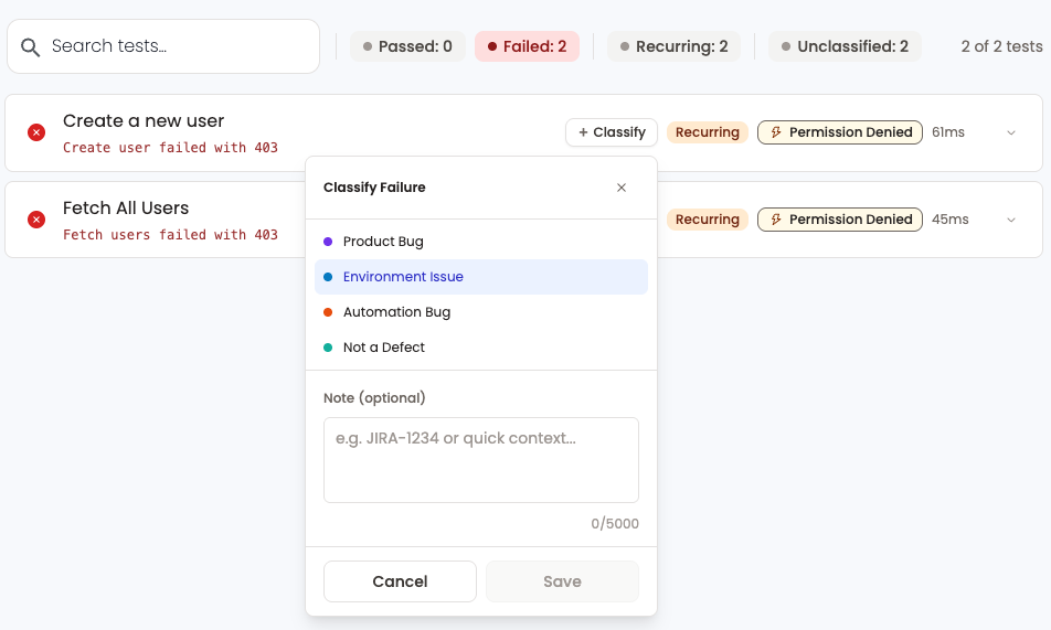 TestBeats portal test run view with case details and pass or fail summary